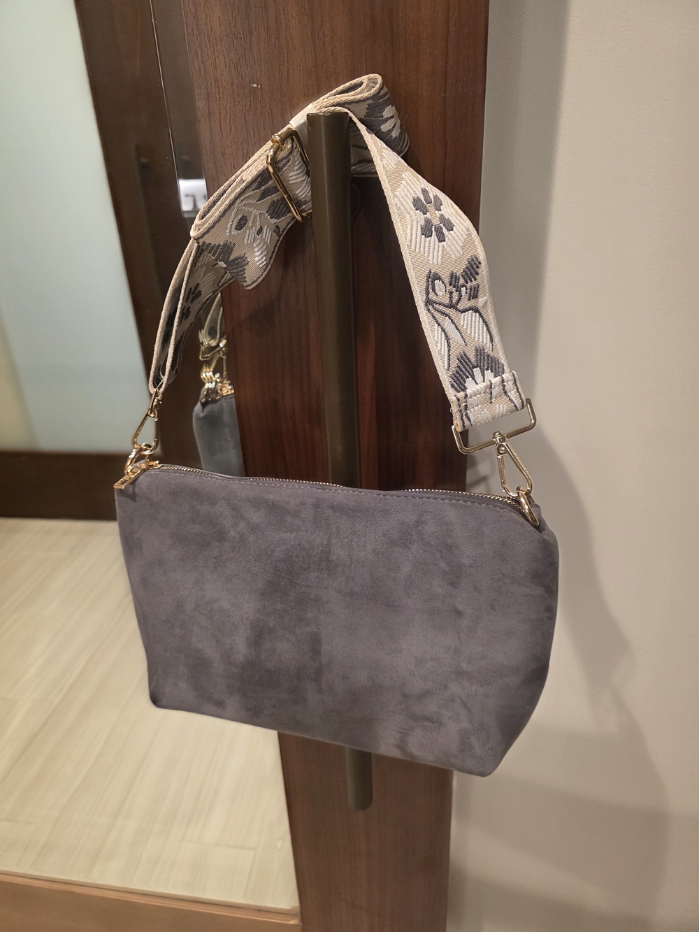 Gray Suede Crossbody with Embroidered Strap